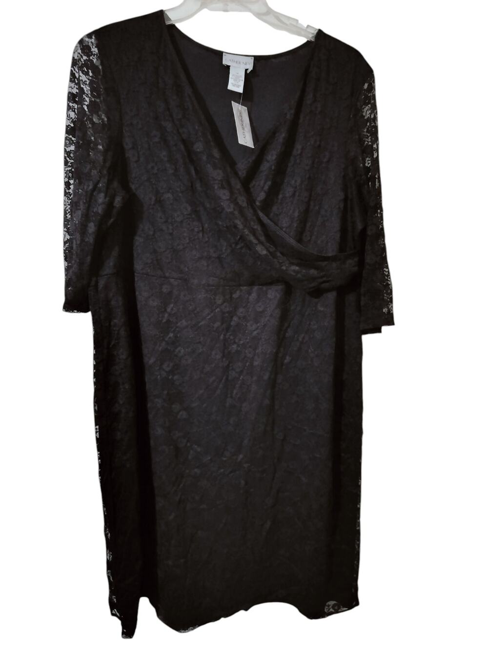 5899) Catherines Plus 1X Black Lace Faux Wrap Cocktail Dress